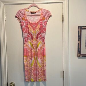 Roberto Cavalli Pink and Yellow Patterned Scoop Neck Mini Sheath Dress